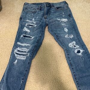Aeropostale men’s slim distressed Blue Jeans with patches size 29/30. 2 pairs